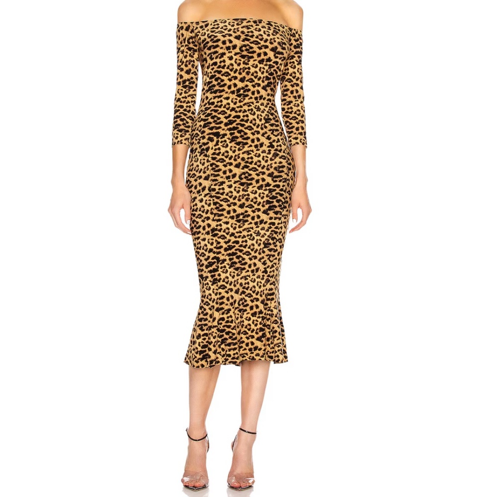 Norma Kamali Off Shoulder Fishtail Midcalf Dress, S, Golden Leopard